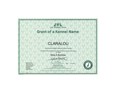 Duplicate Kennel Name Certificate